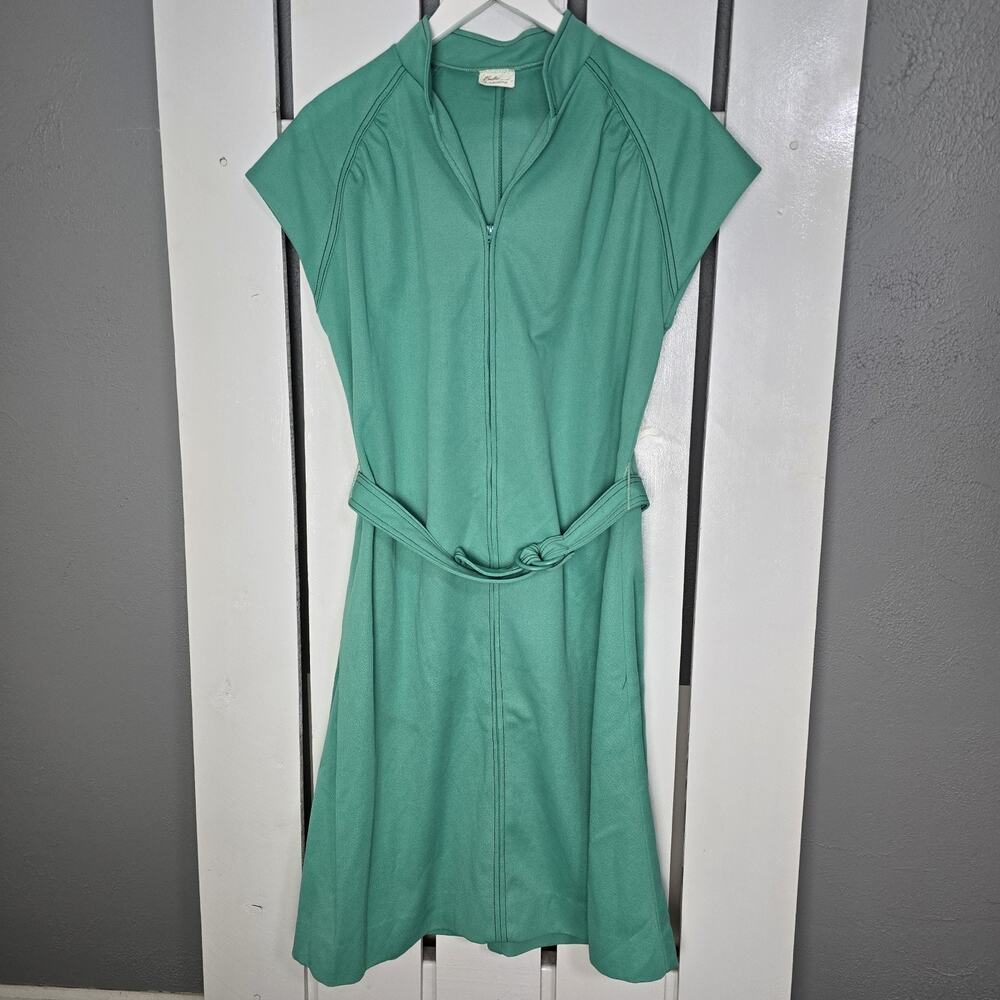 Beeline Fashions Vintage Green Full Zip Cap Sleeve Belted Dress Medium 50s Retro